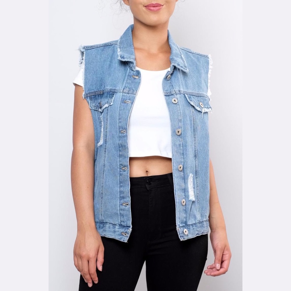 Love Tree Distressed Denim Jean Vest Jacket Size Large